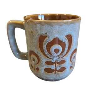 Vintage Studio Pottery Coffee Mug Blue Brown Floral Drip Glaze MCM Stoneware 4in